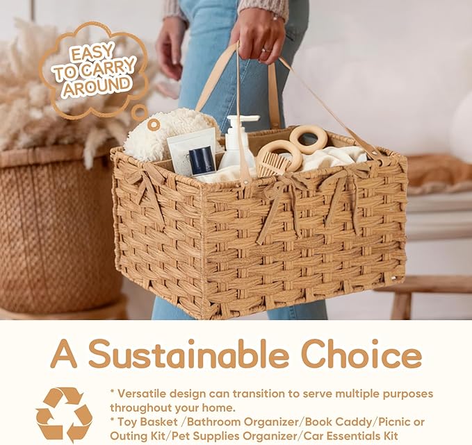 Diaper Caddy Organizer, Hand Rattan Nursery Storage Basket for Baby Essentials, Baby Changing Table Organizer Perfect Nursery Assistant, Easy Assemble