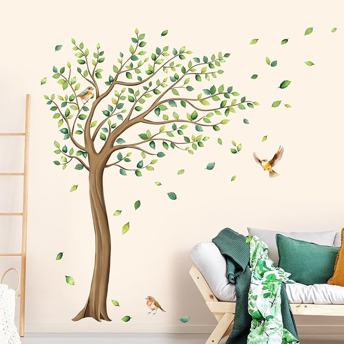 Tanlaby Large Tree Wall Stickers Green Leaves Birds Wall Decals Peel and Stick Falling Leaf Art Decor for Kids Girls Nursery Room Bedroom Living Room Kindergarten (H: 64 inch)