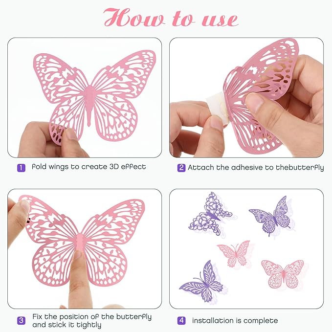 3D Butterfly Wall Decor 3 Sizes 4 Styles Butterfly Party Decorations Cake Decorations Removable Stickers Wall Decor Room Mural Metallic Kids (Purple+Pink, 48Pcs)