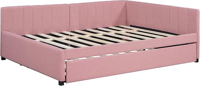 Harper & Bright Designs Full Size Upholstered Daybed with Trundle Sofa Bed Frame for Boys Girls Kids Adults Toddler No Box Spring Needed, Linen Fabric(Pink)