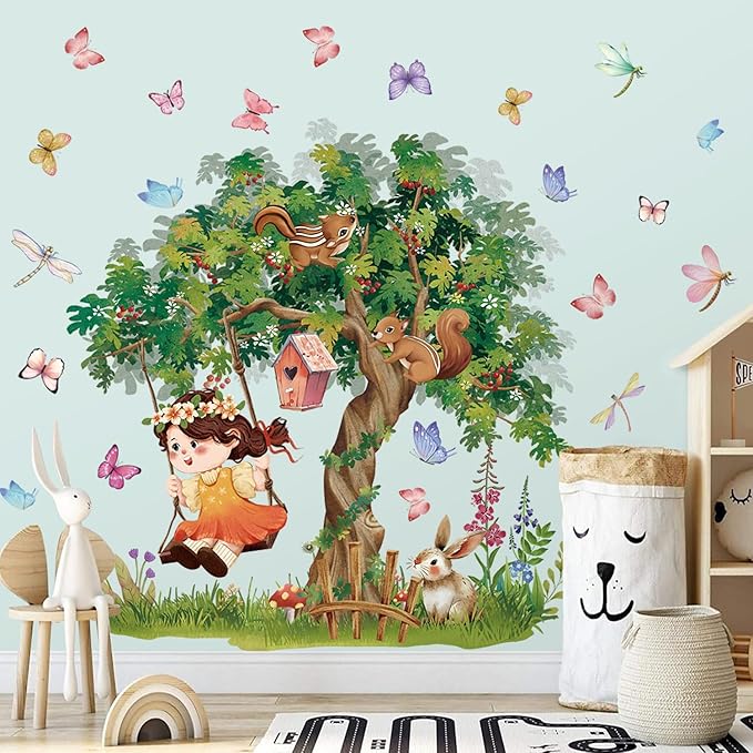 Amaonm Large Whimsical Tree Wall Decal with Woodland Animals, Birds, and Butterflies, Watercolor Green Tree Wall Sticker Decor for Girls Kids Bedroom Living Room Nursery Decoration (B)