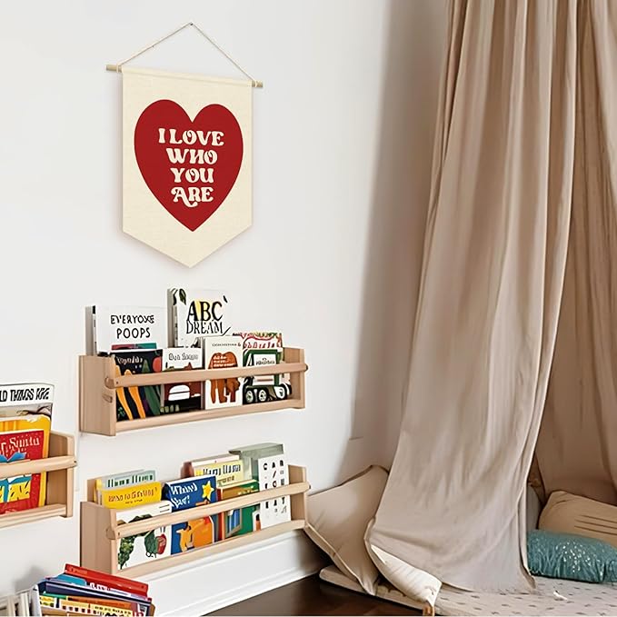 I Love Who You Are Wall Hanging Pennant Flag Banner, Red Heart Decor, Trendy Gift for Nursery Baby Kids Girl Boy Teen Bedroom Playroom Front Door