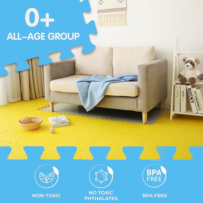 Coolcandy EVA Foam Play Mat, 16 Tiles Colorful Baby Play Mat, Square Kids Playmat with Solid Colored, 0.4" Thickened Interlocking Foam Floor Tiles, Puzzle Play Mat for Baby Lying, Playing (Yellow)