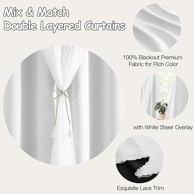 XiDi 100% Blackout White Curtains with Sheer Overlay 84 Inches Long Double Layer Curtains for Living Room Girls Kids Bedroom Light Blocking Thermal Insulated Drapes Grommet Set of 2 White 34W x 84L