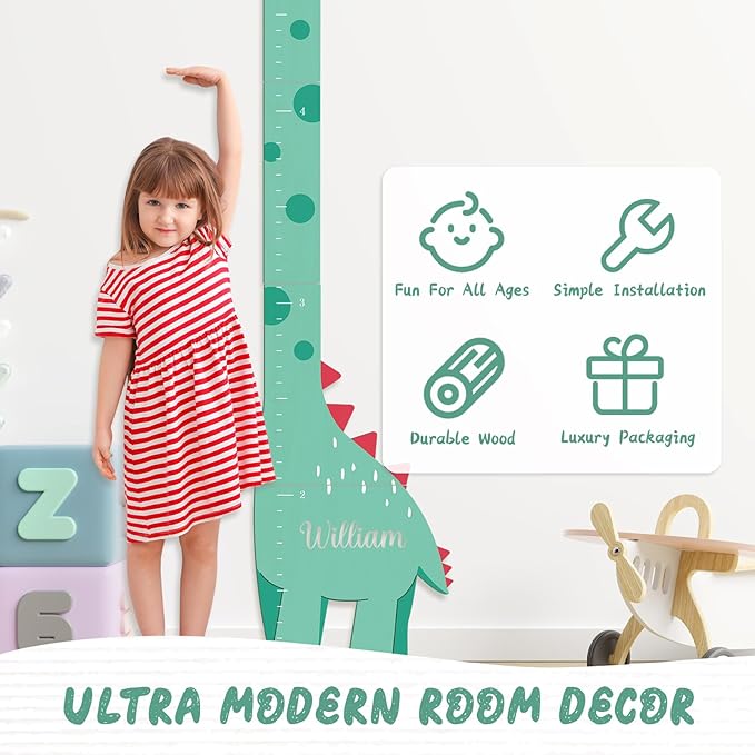 Wooden Dinosaur Height Chart – Personalized Name Growth Chart for Kids, Wall Decor 63" x 17.4"