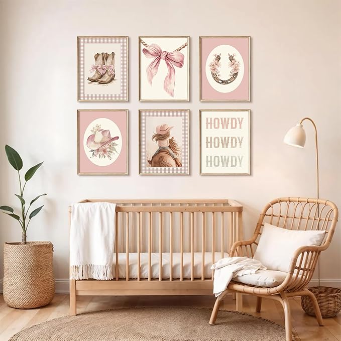 Western Cowgirl Nursery Wall Art Decor Vintage Girl Room Canvas Poster Pink Coquette Nursery Art Prints Preppy Aesthetic Pictures Bow Floral Boots Artwork for Girls Bedroom 8x10 Inch Unframed 6Pcs