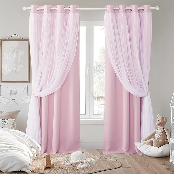 PONY DANCE Pink Blackout Curtains with White Sheer Overlay 84 Inches Length for Girls Bedroom, Double-Layered Room Darkening Window Drapes for Nursery Light Blocking(52 Inch Wide, 2 PCs)