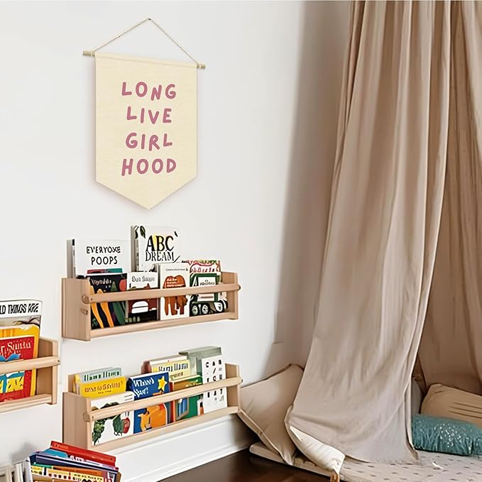 Long Live Girlhood Banner Pink Flag for Nursery Playroom Wall Decor for Kids Bedroom Living Room Dorm Toddler Decorations Trendy Room,Wall Hanging Pennant Flag Banner 15x11in