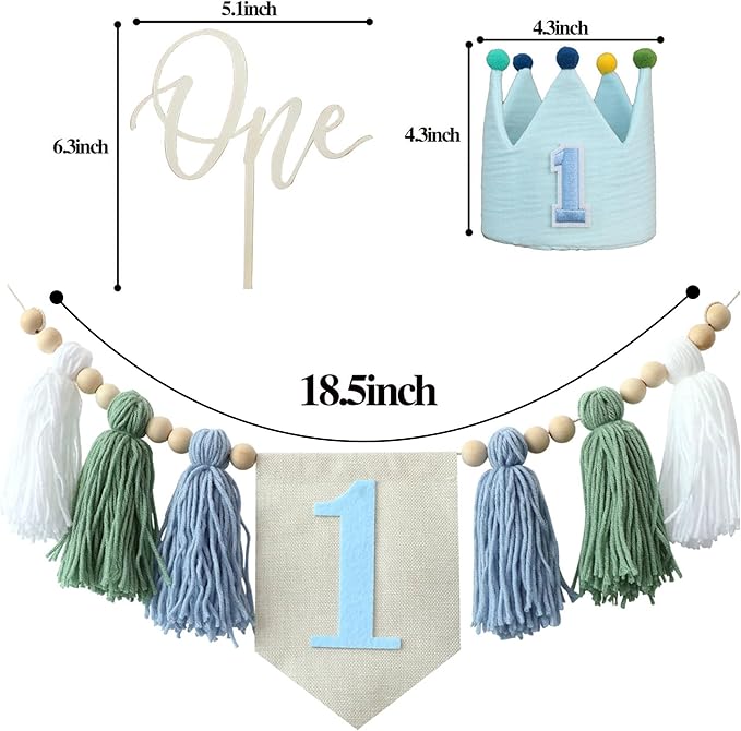 Baby 1st Birthday Party Decorations For Handmade Tassel Garland Highchair Banner With One Cake Topper Blue Crown Hat