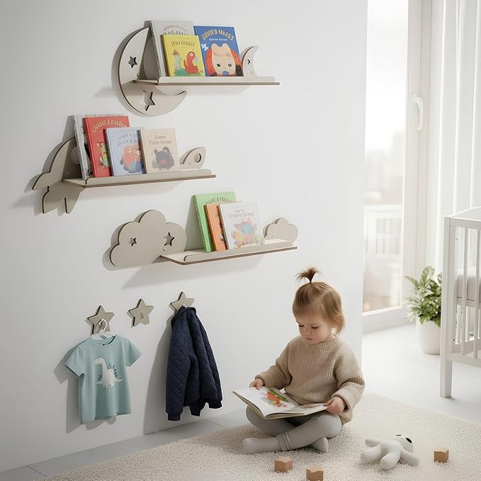 SYNOVA Nursery Book Shelves, Set of 3 Floating Shelves for Kids Room, Nursery Decor for Baby Room, Toddler Room Organizer, Kids and Baby Furniture, Playroom Decor