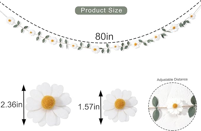 Wool Felt Daisy Chain Banner Garland - Daisy 1st Birthday Decorations,Daisy Themed Party Decorations,Nursery Wedding Decoration,White Wool Felt Daisy Green Leaf Garland