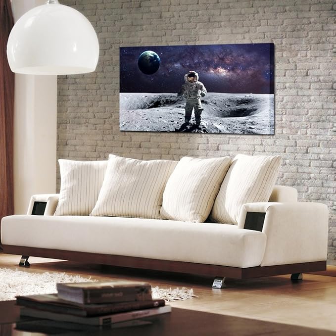 KREATIVE ARTS - Astronaut Standing on the Moon Overlooking Planet Earth Poster Canvas Print Wall Art Landscape Picture Printed on Canvas NASA Home Decoration Giclee Artwork Ready to Hang 20''x36''