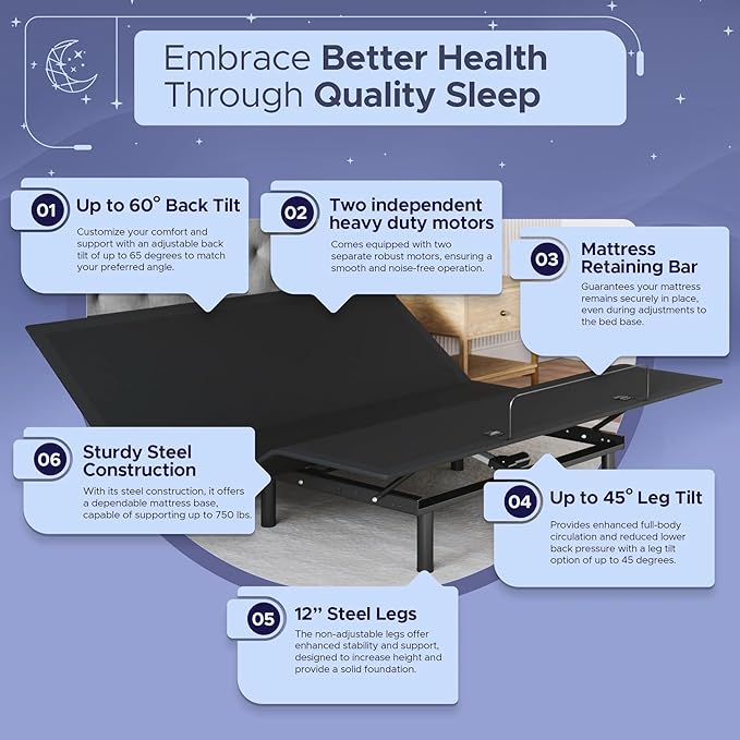 Celestial Sleep Aurora Adjustable Bed Base (Frame) + 12 inch Gel Memory Foam Mattress (Medium Soft), Easy Assembly, Head and Foot Lift, Zero Gravity, Memory Positions, CertiPUR-US Bed - King