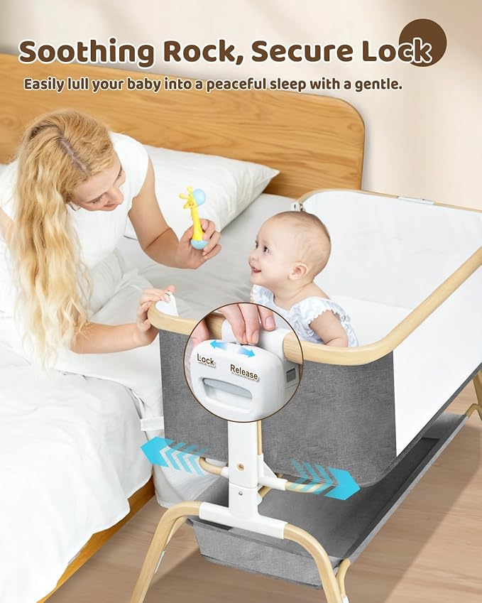 Baby Bassinet, Rocking Bedside Sleeper, Detachable & Portable Bassinet with 8-Level Height, Breathable Mesh, Storage Basket & Rotating Mobile Toy for Newborns Infant(Light Grey)