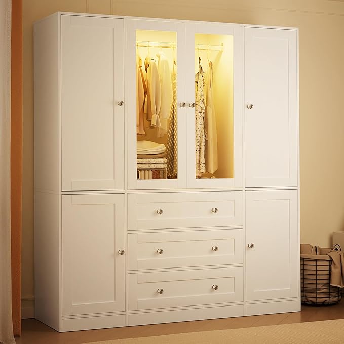 VOWNER 75" Tall Armoire Wardrobe Closet with Drawers and LED, Clothing Storage Cabinet with Glass Doors & Hanging Rod, 6 Doors Wooden Armoire Storage Cabinet for Bedroom (White)
