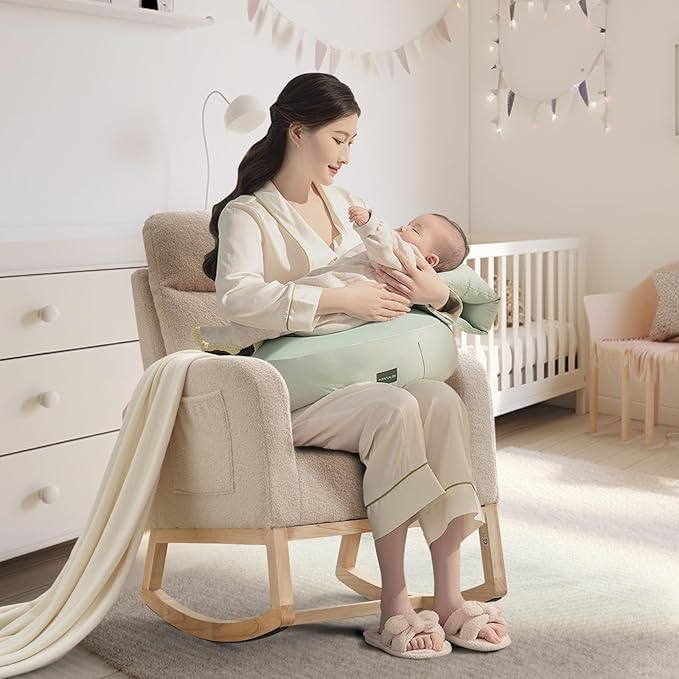 Rocking Chair Nursery, Modern Upholstered Glider Rocker with Side Pocket, Upholstered Lounge Chair with Solid Wood Base for Relaxin, for Living Room, Bedroom