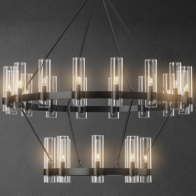 48" Black Chandelier, 2 Tier Wagon Wheel Chandelier with Glass Shade, 24-Lights Large Round Modern Farmhouse High Ceilings Pendant Lighting Fixture for Dining Room, Living Room, Kitchen, Foyer