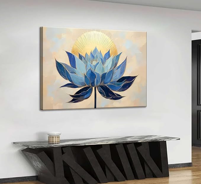 Zen Canvas Wall Art Abstract Blue Lotus Flower Boho Sunrise Gold Sun Spiritual Painting Pictures Wall Decor Poster Print Artwork for Office Yoga Room Spa Room Meditation Room Home Decoration