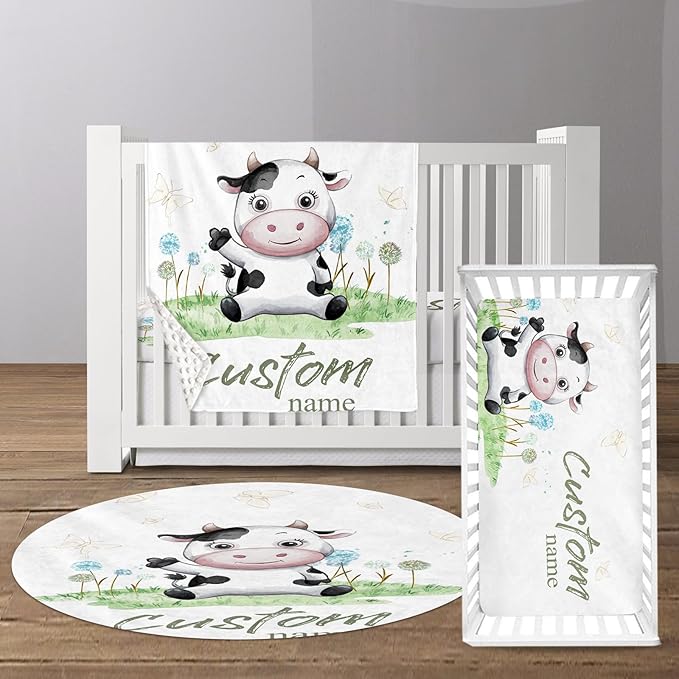 Custom Baby Crib Bedding Set - Cows Design Personalized Name Baby Nursery Bedding 3 Pcs Set - Chic Soft Blanket, Fitted Sheet, Room Rug for Newborns Boys Girls Gifts