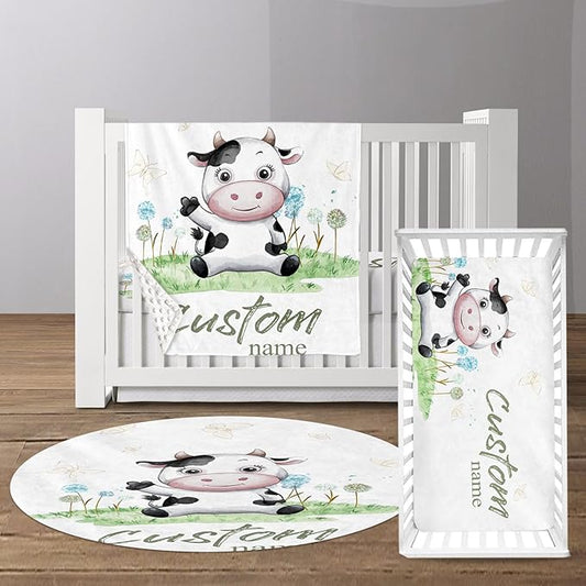 Custom Baby Crib Bedding Set - Cows Design Personalized Name Baby Nursery Bedding 3 Pcs Set - Chic Soft Blanket, Fitted Sheet, Room Rug for Newborns Boys Girls Gifts