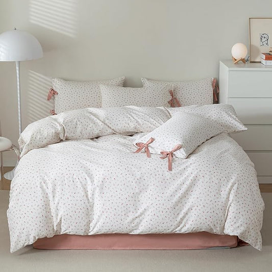 HighBuy Pink Flora Duvet Cover Full Girl Botanical White Flower Coquette Bedding Set Vintage Style Garden Floral Duvet Cover Full with 2 Bowknot Bow Tie Pillowcases Soft Cotton Comforter Cover