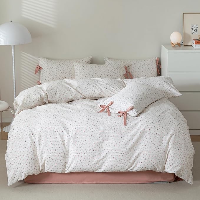 HighBuy Girl Duvet Cover Twin Botanical Flower Coquette Bedding Set Vintage Style Garden Floral Duvet Cover Twin with 2 Bowknot Bow Tie Pillowcases Boho Soft Cotton Comforter Cover with Zipper Ties