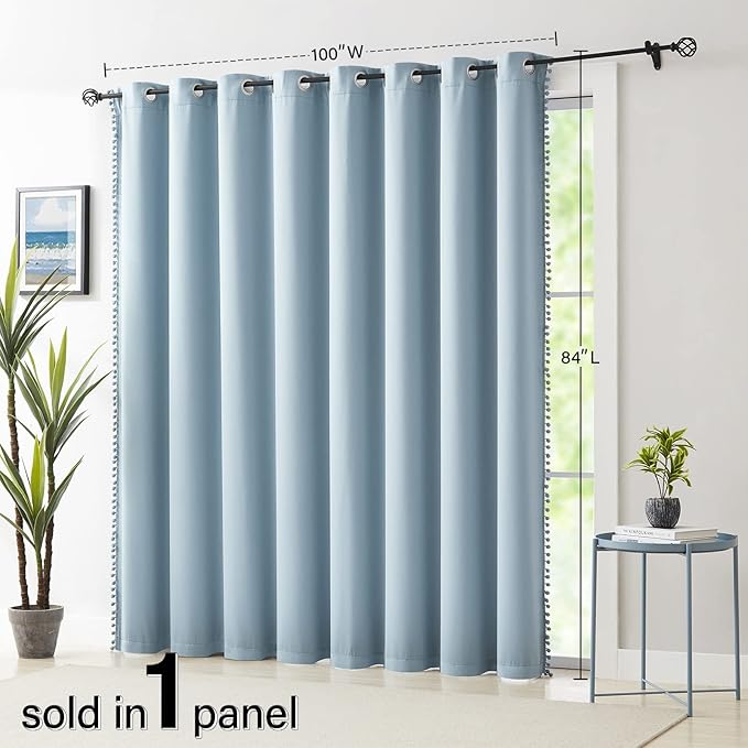 Treatmentex 100% Blackout Curtain Blue Sliding Door Curtains Pom Pom Extra Wide Glass Door Curtains for Living Room Energy Efficient Thermal Patio Door Drapes Grommet Top 1pc 100x84 Light Blue