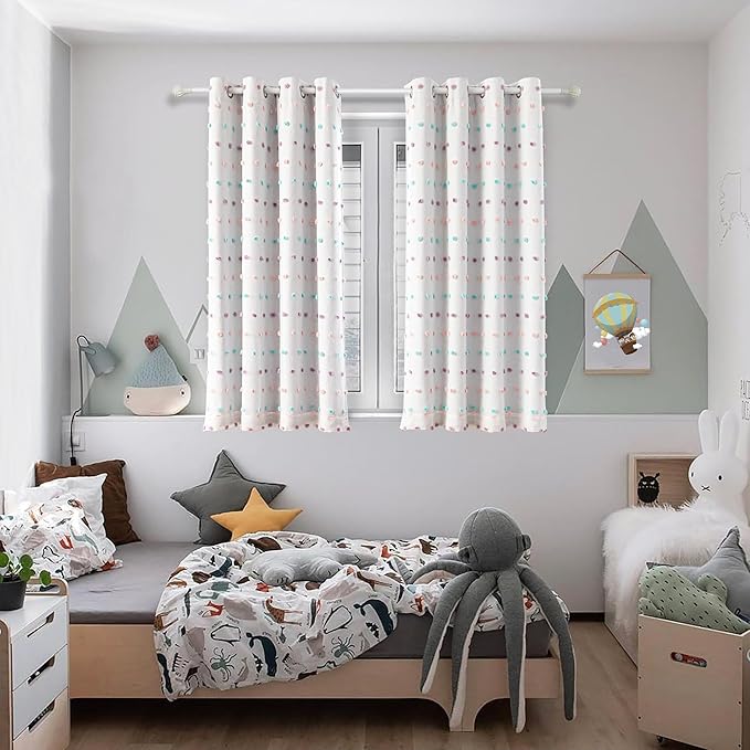 MYSKY HOME Cute Blackout Curtains for Kids Bedroom Nursery Curtains 100% Light Block Doubled Curtains with Rainbow Pom Pom Sheer Window Drapes for Kitchen Room Darkening Grommet Set of 2, 52 x 63 in