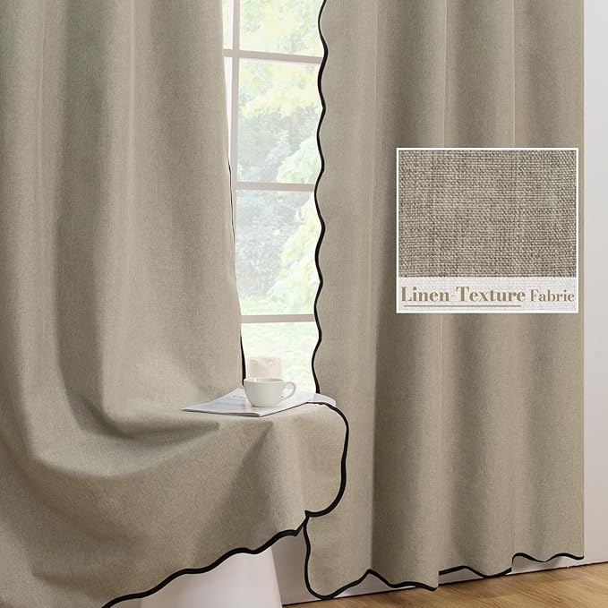 ColorBird Linen Blackout Curtains Scalloped Tan 100% Black Out Winter Thermal Insulated Curtains & Drapes 63 Inch Long for Living Room Bedroom Dining Room Closet Window Treatment
