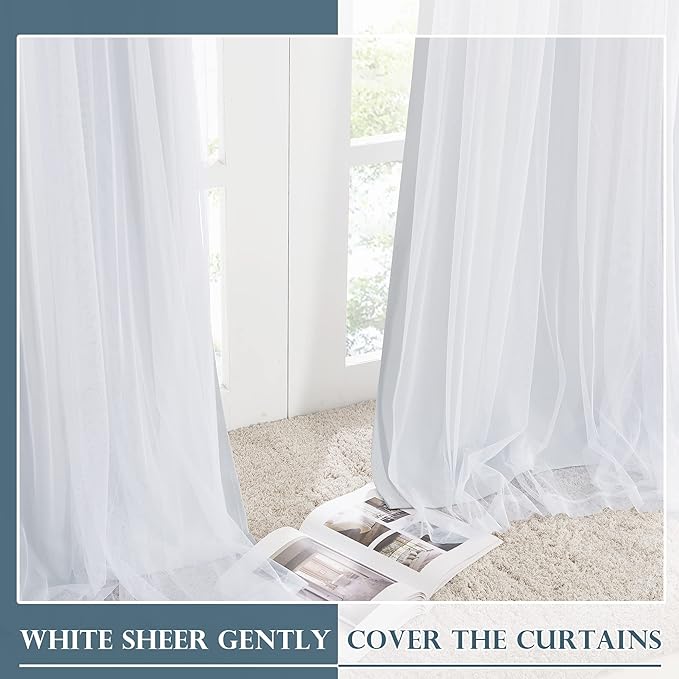 PONY DANCE White Blackout Curtains - Double Layer Backdrop Curtains 72 Inches Long with Sheer Elegance Grommet Window Panels for Girls Kids Room Darkening (52x72, Greyish White, 2 PCs)