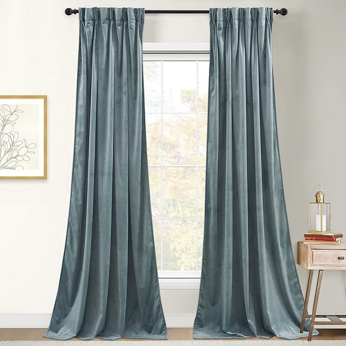 StangH Pinch Pleat Stone Blue Velvet Curtains for Nursery Bedroom, Thermal Insulated Window Drapes for Living Room Back Tab Light Dimming Sliding Door Curtains, W30 x L96, 2 Panels