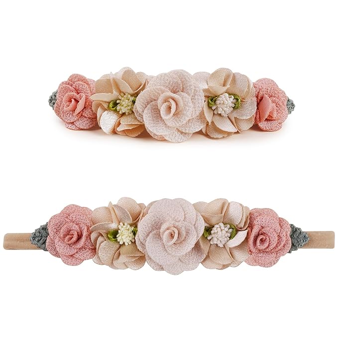 Baby Girl Floral Headbands- 3pcs Nylon Headband Handmade Flower Crown Elastic Hairband Newborn Toddler Hair Accessories Gifts for Girls （1-6 years old）
