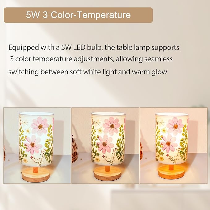 Dried Flowers Small Table Lamp 5W LED 3-Color Pressed Flower Bedside Lamp Linen Shade with Wood Base for Bedroom Living Room Desk Nursery