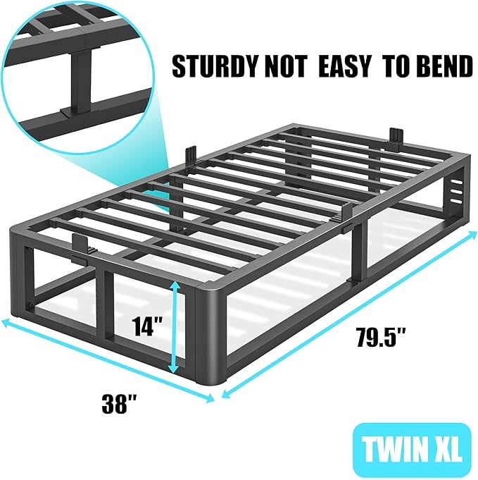 Metal Heavy Duty 14 inch Twin XL Bed Frame with Rounded Corner and Headboard Hole Mattress Retainers 3500 LBS No Box Spring Needed Platform Noise Free Easy Assembly