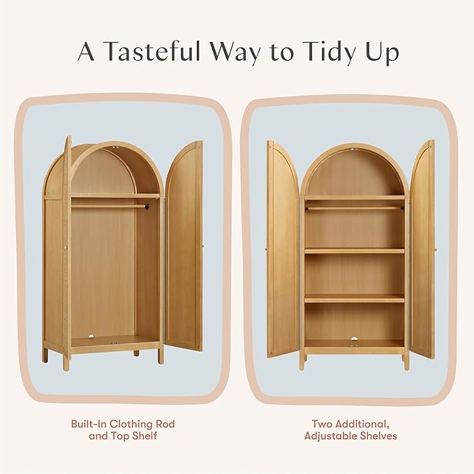 Babyletto Bondi Cane Armoire Wardrobe Closet with Doors | Modern Pre-Assembled Spacious Wooden Wardrobe Cabinet w/ 4 Storage Shelves | Wood Closets for Bedroom & Nursery - Honey