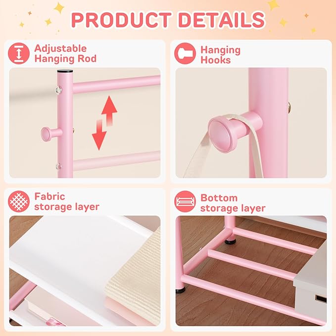 Kids Clothing Rack with 2-Layer Storage Shelf and 2 Adjustable Hanging Rods, Small Baby Closet Organizer for Hanging Clothes, Kids Dress Up Rack for Child (Classic, Pink)