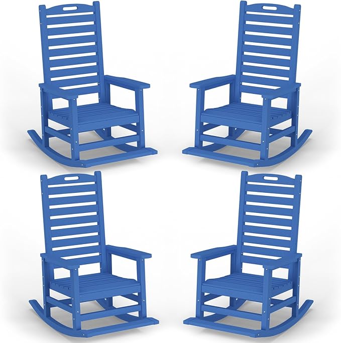 Outdoor Rocking Chair Set of 4 with Removable Footboard for Adults, HDPE High Back Patio Rocking Chairs, 330lbs All Weather Porch Rocking Chairs for Outdoor & Indoor -Navy Blue