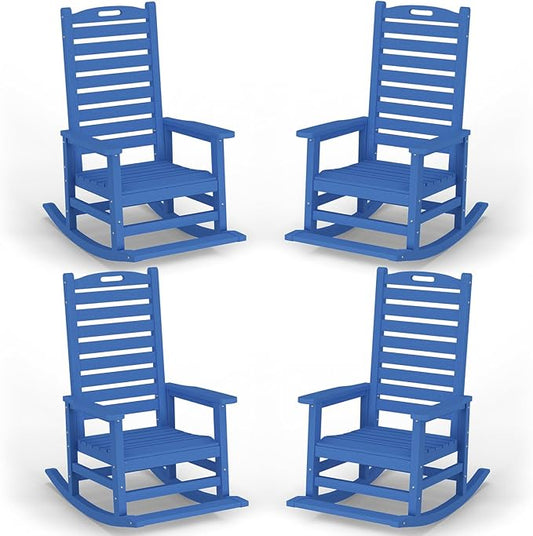 Outdoor Rocking Chair Set of 4 with Removable Footboard for Adults, HDPE High Back Patio Rocking Chairs, 330lbs All Weather Porch Rocking Chairs for Outdoor & Indoor -Navy Blue