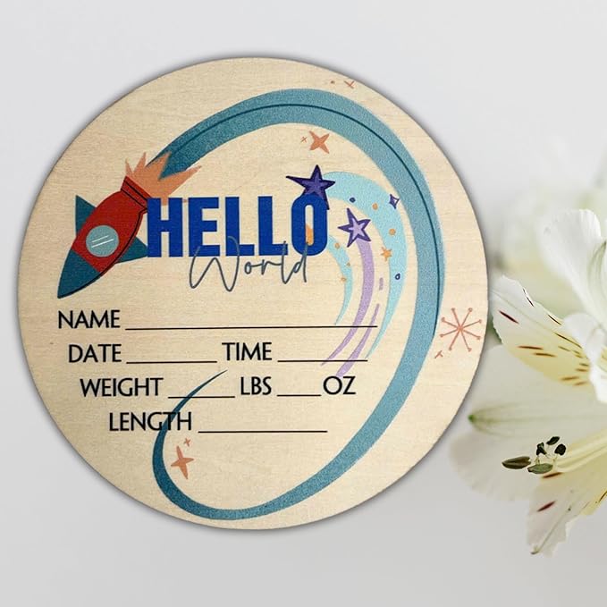 Hello World Newborn Sign 6" - Baby Announcement Sign for Hospital - Welcome Baby Sign - Announcement Board for New Baby - Birth Announcement Sign - Newborn Name Sign - Perfect for Baby Arrival (space 4)