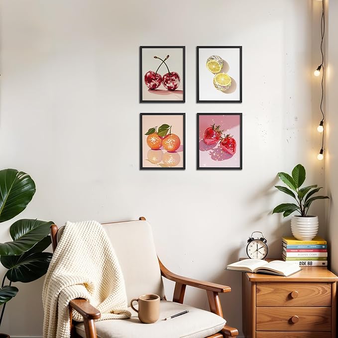 OFJE Funky Trendy Disco Fruit Cherries Lemon Orange Strawberries Wall Art Decor Prints Set of 4, Preppy Aesthetic Fruit Poster Print for Living Room Girls Bedroom Kitchen Decor, 8x10 Unframed