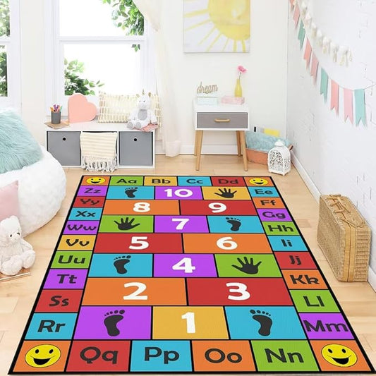 Kid Hopscotch Play Rug, ABC Alphabet Number Educational Carpet, Playroom Classroom Mat Non-Slip Washable (Red 71x106 in)