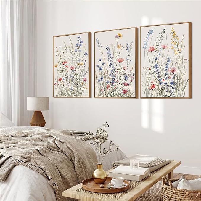 MTFBWY 3Pcs Framed Wildflower Canvas Wall Art – Floral Wall Art Watercolor Prints, Blue Botanical Artwork, Colorful Flower Pictures Decor Printing for Living Room, Girls Bedroom, or Bathroom 24L" x 16W"