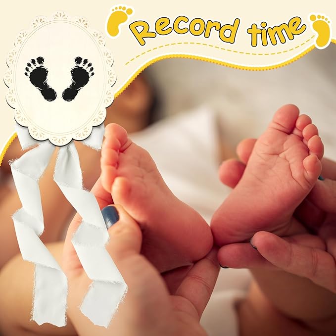 Baby Announcement Sign 7 Inch Double Sided Wooden Hello World Newborn Engraved Sign with Organza Bag Marker Pen Ink Pad Ribbon Bow for Baby Shower Hand Footprints Photo Prop (White Bow)