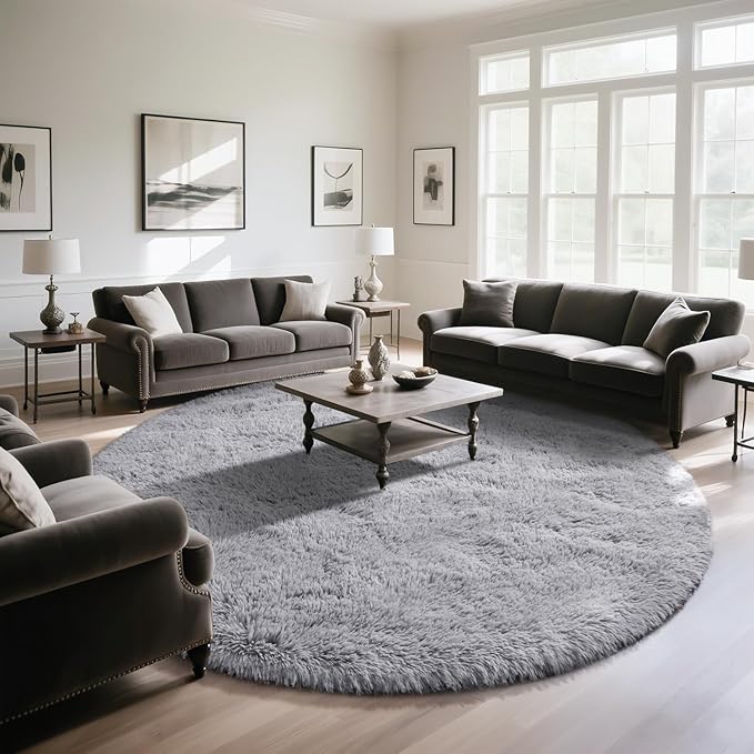 EVOIONOS Grey Round Rug for Living Room, 6x6 Ft Fluffy Soft Circle Area Rugs for Bedroom, Plush Shaggy Circular Carpet for Indoor Floor Bedside Kids Nursery, Machine-Washable Home Decor Aesthetic