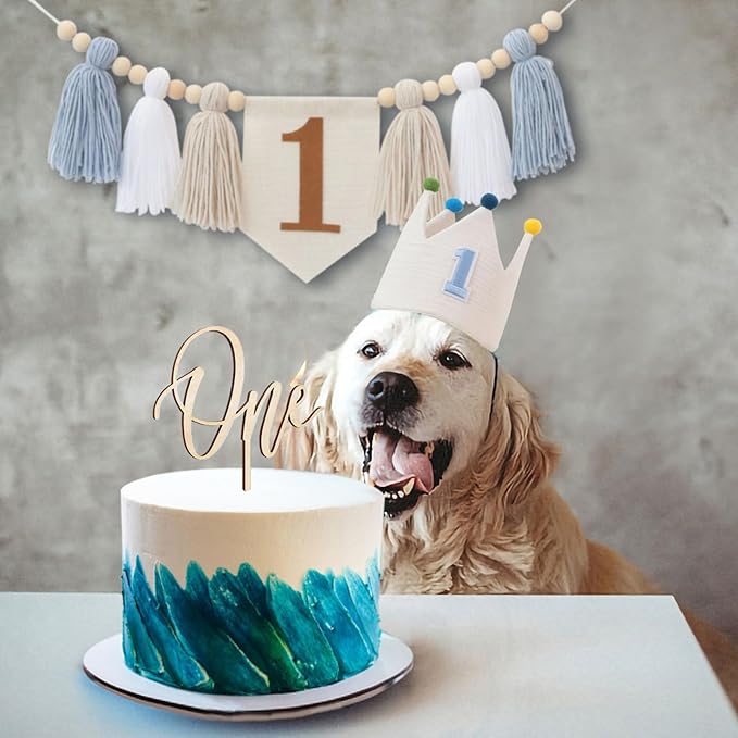 Baby Boy 1st Birthday Party Decorations For Handmade Tassel Garland Highchair Banner With Cake Topper Crown Hat
