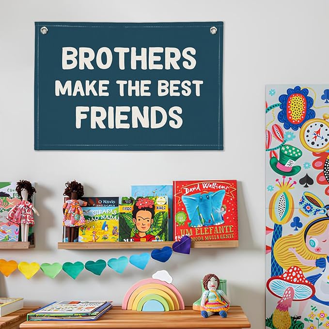 Brothers Make The Best Friends Banner, Boys Room Decor, Toddler Boy Linen Banner Wall Hanging Flag Decor for Nursery 20x30 - Navy Blue