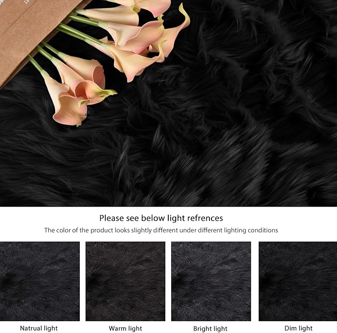 Black Shag Faux Fur 4x6 Area Rugs for Bedroom Washable Fuzzy Sheepskin Fur Rug for Living Room Nursery Rug