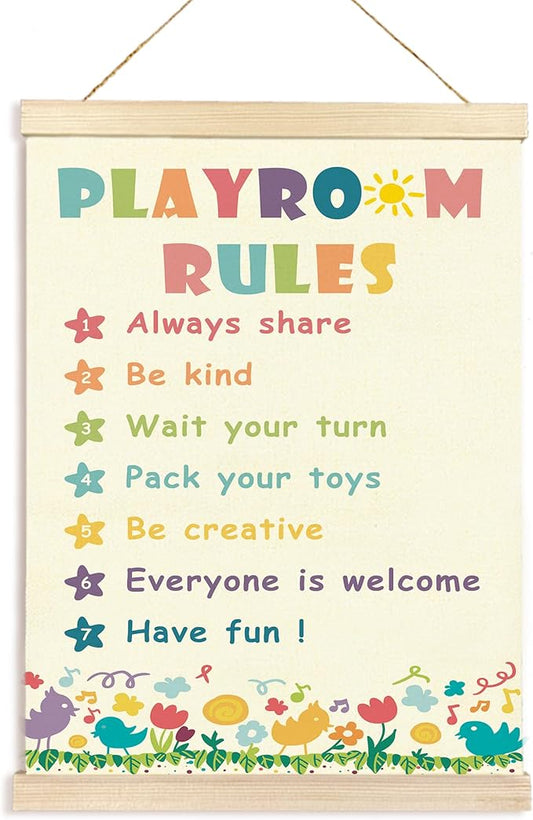 Hiuwevt Boho Playroom Rainbow Poster Hanger Frame, Kids Room Decor, Playroom Rules Colorful Wildflower Wall Art Decor for Toddlers Boys Girls Play Room Nursery Home, 12x16 Inch