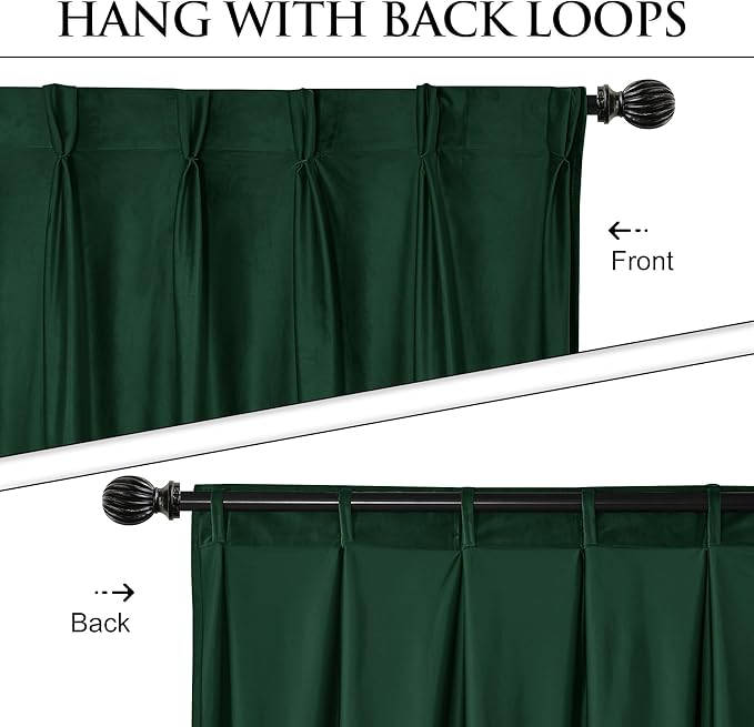 StangH Pinch Pleat Green Velvet Curtains for Living Room, Luxury Room Darkening Plush Window Drapes Thermal Insulated Christmas Decor Backdrops for Hotel Hall Party, W42 x L90, 2 Panels