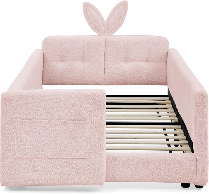 Twin Bed with Rails, Montessori Bed Frame for Toddlers, Boucle Upholstered Platform Bed with Rabbit Ear Headboard, for Kids & Teens, Pink